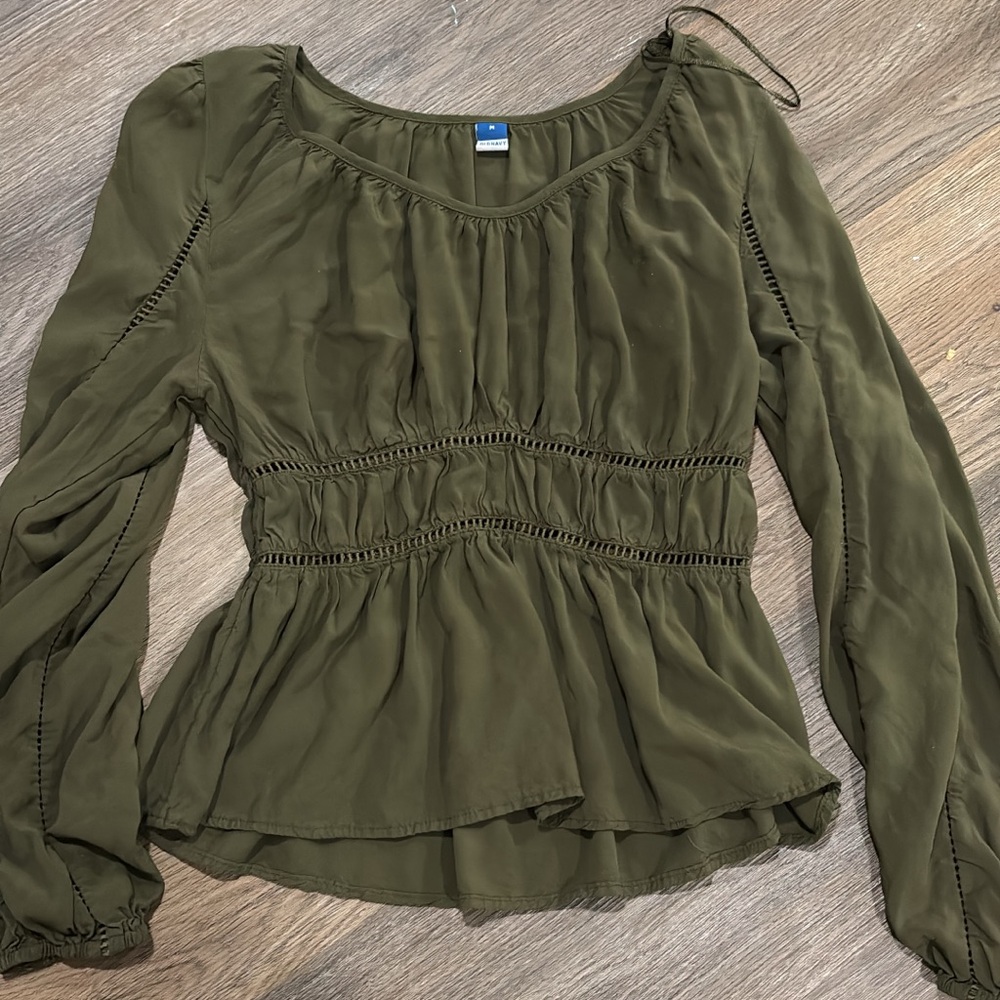Old Navy Olive Blouse with Ruched Details